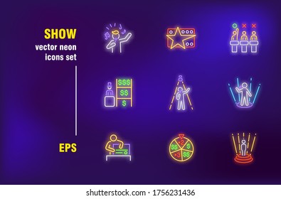 TV show neon signs set. People, talent show, lottery drawing, stage, contest. Night bright advertising. Vector illustration in neon style for announcement banners, posters, flyers design