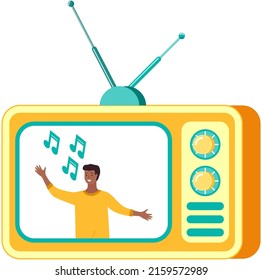 TV show on television screen with handsome male singer with microphone over white background. Man sings song, makes hand gestures. Concept of indian culture and music, artist and music notes