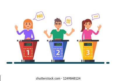Tv show with people or quiz game with cartoon characters. Man and woman raising hands on television game, contest with players score at studio. Puzzle and intelligence, exam and entertainment program