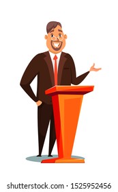 TV show presenter vector illustration. Man wearing suit flat character. Tutor, professor lecture. Cartoon male speaker. Smiling gesturing orator isolated on white background. Politician speech