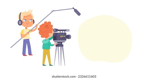 TV show production or interview backstage vector illustration. Cartoon isolated television studio scene with video making crew, cameraman with professional camera and sound engineer with microphone