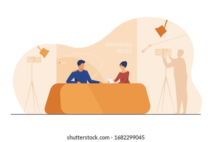 TV show shooting with film crew and backstage. News anchors talking to each other, posing for camera in studio. Vector illustration for breaking news, broadcasting, reporters concept