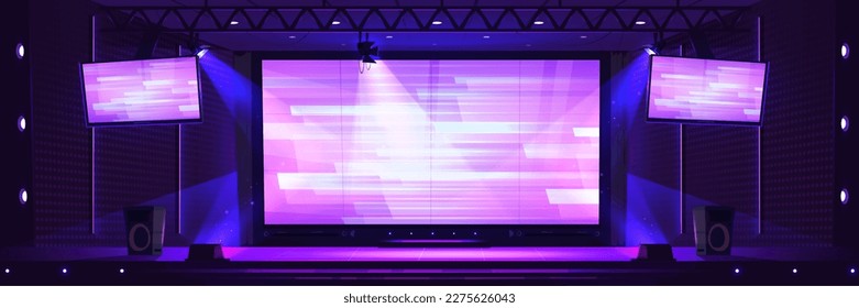 Tv show stage background with led screen panel. Concert studio with led monitor display on wall and spotlight on scene. Video or music entertainment game contest stand with glowing lamp.