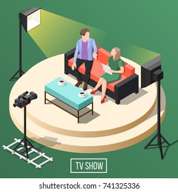 Tv Show Studio With Presenter With Visitor On Sofa, Video Equipment On Green Background Isometric Vector Illustration