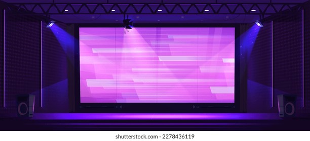 estudio de televisión con escenario, pantalla de led y focos. Interior de escena vacía con proyectores de luz, monitor digital y altavoces, ilustración de caricatura vectorial