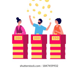 Tv show winner. Trivia quiz game program, isolated player competition. Flat young man under money rain. Contest guessing vector concept