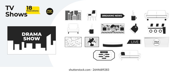 TV shows and broadcast elements outline illustrations mega bundle. Studio props furniture, breaking news, weather map, talk show 2D linear images isolated. Collection black and white vector drawings