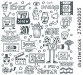 TV Shows, Series and Movies Funny Doodle Vector set. Hand drawn illustration. Monochrome pattern.