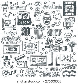 TV Shows, Series and Movies Funny Doodle Vector set. Hand drawn illustration. Monochrome pattern.