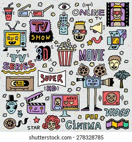 Programas de TV, series y películas Divertido conjunto de vectores Doodle. Ilustración dibujada a mano. Patrón colorido.