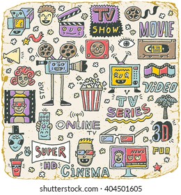 TV Shows, Series and Movies Funny Doodle Vector set. Hand drawn illustration. Vintage Texture.  