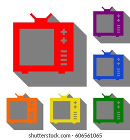 TV sign illustration. Set of red, orange, yellow, green, blue and violet icons at white background with flat shadow.