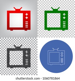 TV sign illustration. Vector. 4 styles. Red gradient in radial lighted background, green flat and gray scribble icons on transparent and linear one in blue circle.
