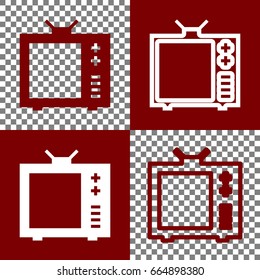 TV sign illustration. Vector. Bordo and white icons and line icons on chess board with transparent background.
