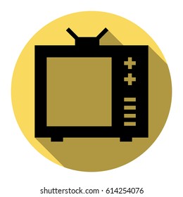 TV sign illustration. Vector. Flat black icon with flat shadow on royal yellow circle with white background. Isolated.