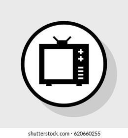 TV sign illustration. Vector. Flat black icon in white circle with shadow at gray background.