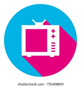 TV sign illustration. Vector. Flat white icon with mexican pink shadow inside sky blue(S and G) circle at white background. Isolated. Trend colors in 2017.