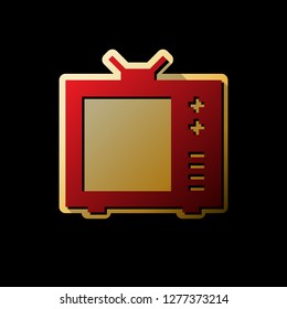 TV sign illustration. Vector. Red icon with small black and limitless shadows at golden sticker on black background.