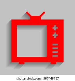 TV sign illustration. Vector. Red icon with soft shadow on gray background.