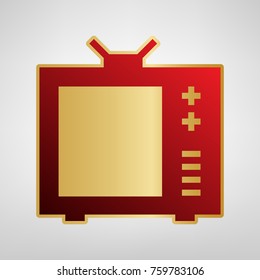 TV sign illustration. Vector. Red icon on gold sticker at light gray background.