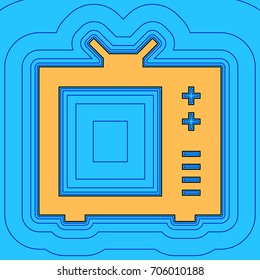 TV sign illustration. Vector. Sand color icon with black contour and equidistant blue contours like field at sky blue background. Like waves on map - island in ocean or sea.