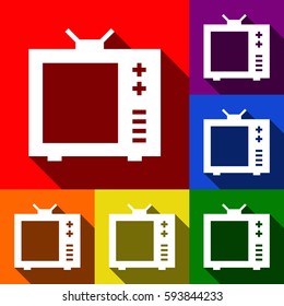 TV sign illustration. Vector. Set of icons with flat shadows at red, orange, yellow, green, blue and violet background.