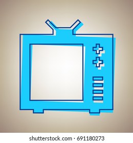 TV sign illustration. Vector. Sky blue icon with defected blue contour on beige background.