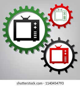 TV sign illustration. Vector. Three connected gears with icons at grayish background.