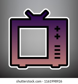 TV sign illustration. Vector. Violet gradient icon with black and white linear edges at gray background.