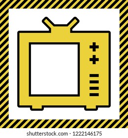 TV sign illustration. Vector. Warm yellow icon with black contour in frame named as under construction at white background. Isolated.