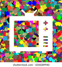 TV sign illustration. Vector. White icon on colorful background with seamless pattern from squares.