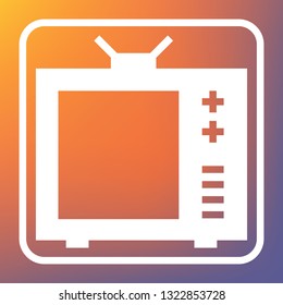 TV sign illustration. Vector. White icon on transparent button at orange-violet gradient background.