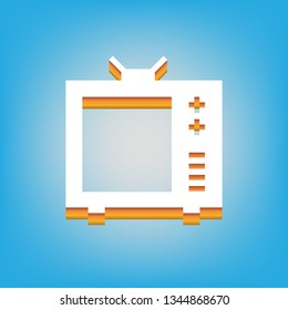 TV sign illustration. Vector. White icon with 3d warm-colored gradient body at sky blue background.
