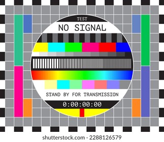 TV signal test screen pattern, vector television and broadcast. Retro test card of television program and video signal transmission quality. Geometric background with color bars, lines, grid and lines