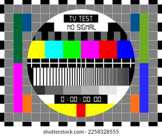 TV signal test screen of retro television broadcast technologies. Vector test card pattern with calibrated color bars, grey scale and grid in black and white frame. Old TV testcard screen background