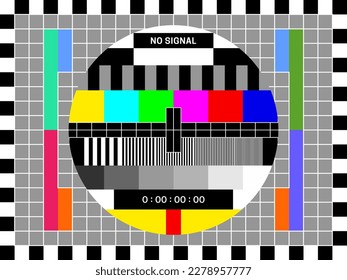 Pantalla de prueba de señal de TV, prueba de color de televisión retro de patrón de difusión, fondo vectorial de vídeo antiguo. Pantalla final de TV con cuadrícula de prueba de pantalla, diagrama de calidad de imagen y calibración de color de la televisión