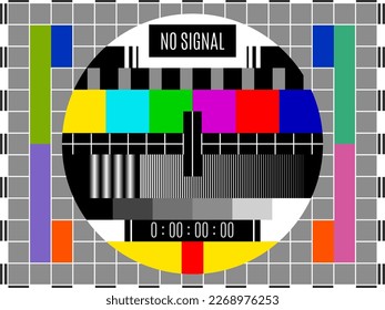 TV signal test screen vector pattern. Retro television broadcast test card with color and monochrome bars in circle on gray grid background with black white frame border. Old TV technologies