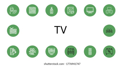tv simple icons set. Contains such icons as Actor, News, Remote control, Video, Monitor, Tv, Video camera, Film, Billboard, Television, Movie, can be used for web, mobile and logo