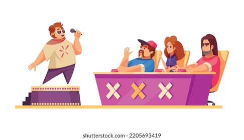 Composición de dibujos animados en televisión con concursante masculino actuando frente a la ilustración vectorial del jurado