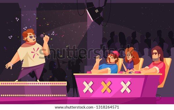 Tv singing talent show flat cartoon\
composition with contestant performing on podium spotlight jury\
onstage vector illustration