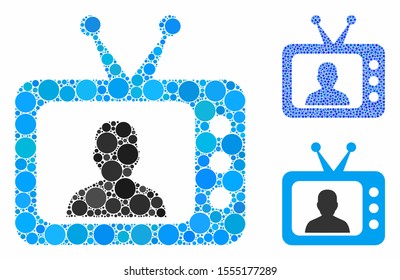 TV speaker composition of round dots in different sizes and color tinges, based on TV speaker icon. Vector round dots are combined into blue collage. Dotted TV speaker icon in usual and blue versions.