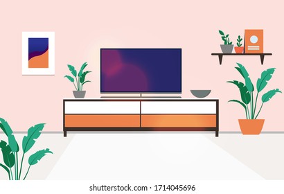 Tv stand in apartment - View of a turned off flat screen television on top of a bench in a regular home. Watching tv concept. Vector illustration.