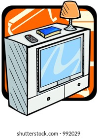 Soporte de TV con libro, lámpara y control remoto.Colores Pantone.Ilustración vectorial