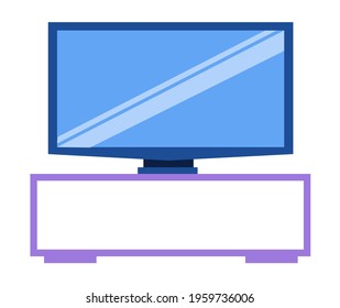 TV stand with electronic device for watching television. Plasma large screen isolated on white background. White home furnishings for technology and electronics. Wide display on element of furniture