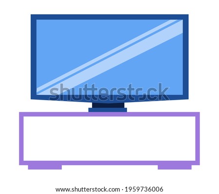 TV stand with electronic device for watching television. Plasma large screen isolated on white background. White home furnishings for technology and electronics. Wide display on element of furniture