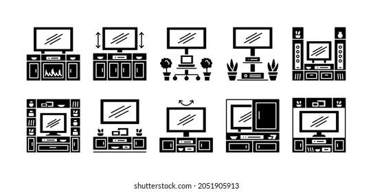 Conjunto de iconos plano del soporte de TV. Ilustración vectorial. Consola de medios moderna. Las mesas de la televisión están decoradas con diferentes cuadros. Centro de animación. Pancartas de muebles en el salón. Objetos aislados sobre fondo blanco