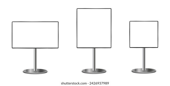 TV stand front view mockup set, digital video banner screen vertical and horizontal, television monitor on metal frame base, placed promotional display stand