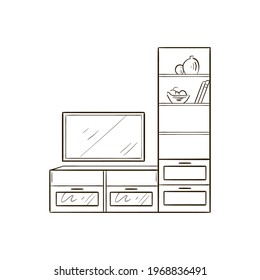 TV stand. Home decor line art drawing. Doodle illustration. Stay home. Minimal vintage style. Doodle plant vector illustration. Pure nature organic brush. Line drawing.