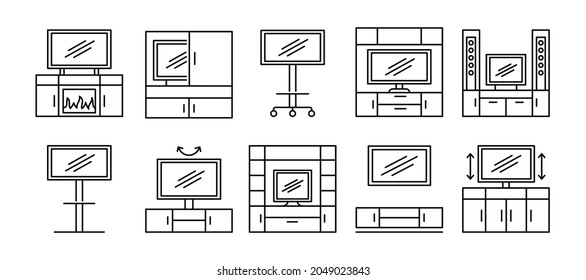 TV stand line icon set. Vector illustration. Modern media console. Different led television tables. Entertainment center. Living room furniture signs. Isolated objects on white background