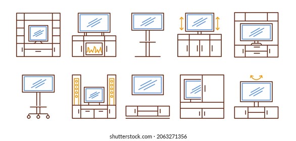 TV stand line icon set. Vector illustration. Modern media console. Different led television tables. Entertainment center. Living room furniture signs. Isolated objects on white background